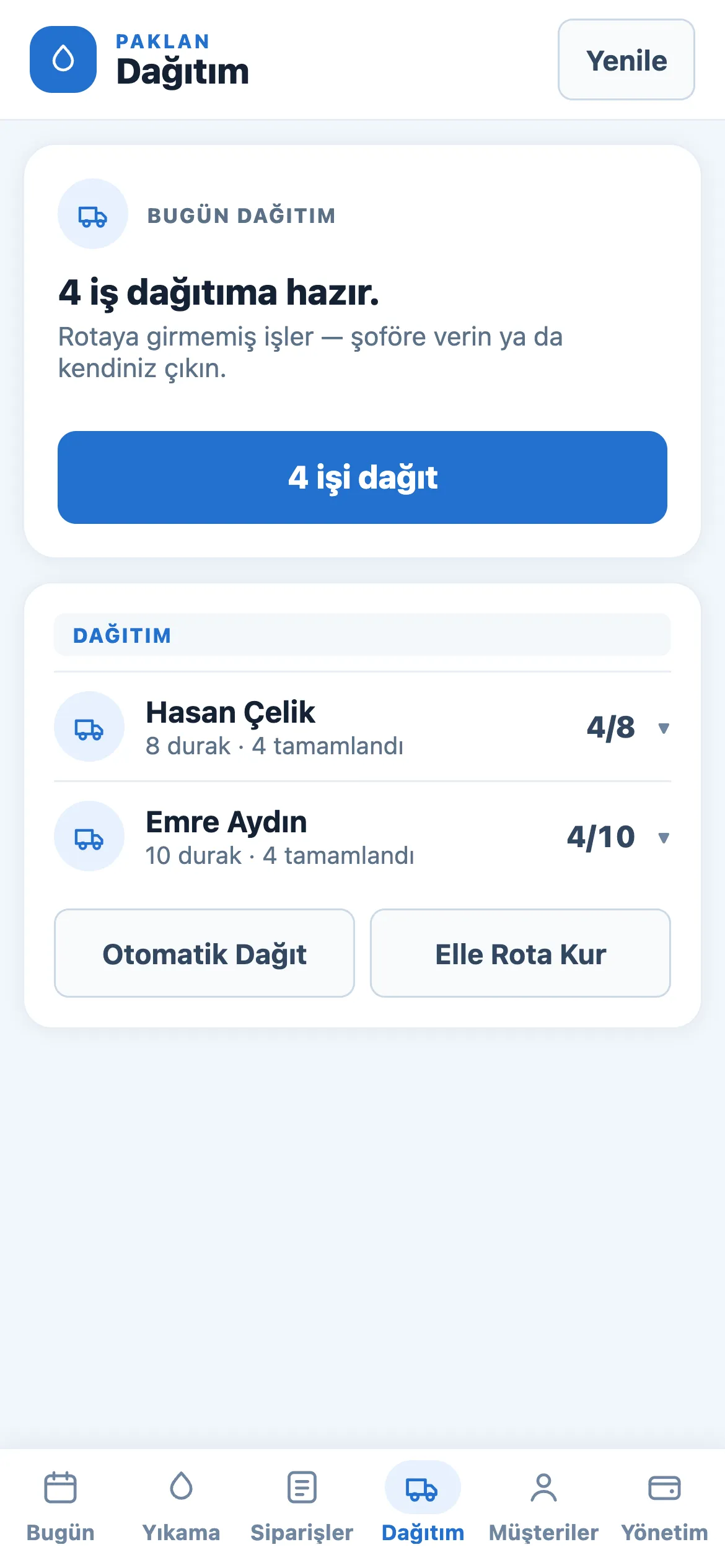 Dağıtım ekranı: dağıtıma hazır işler, şoförlerin rotaları ve otomatik dağıt tuşu