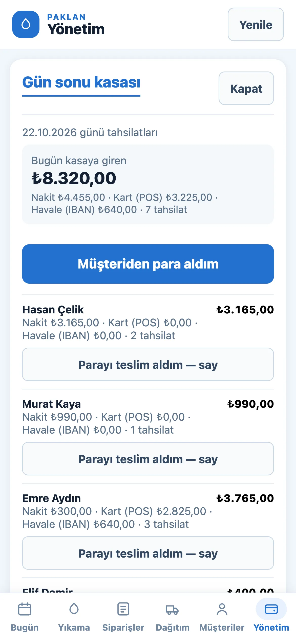 Gün sonu kasası: bugün kasaya giren tutar ve şoför şoför tahsilatlar