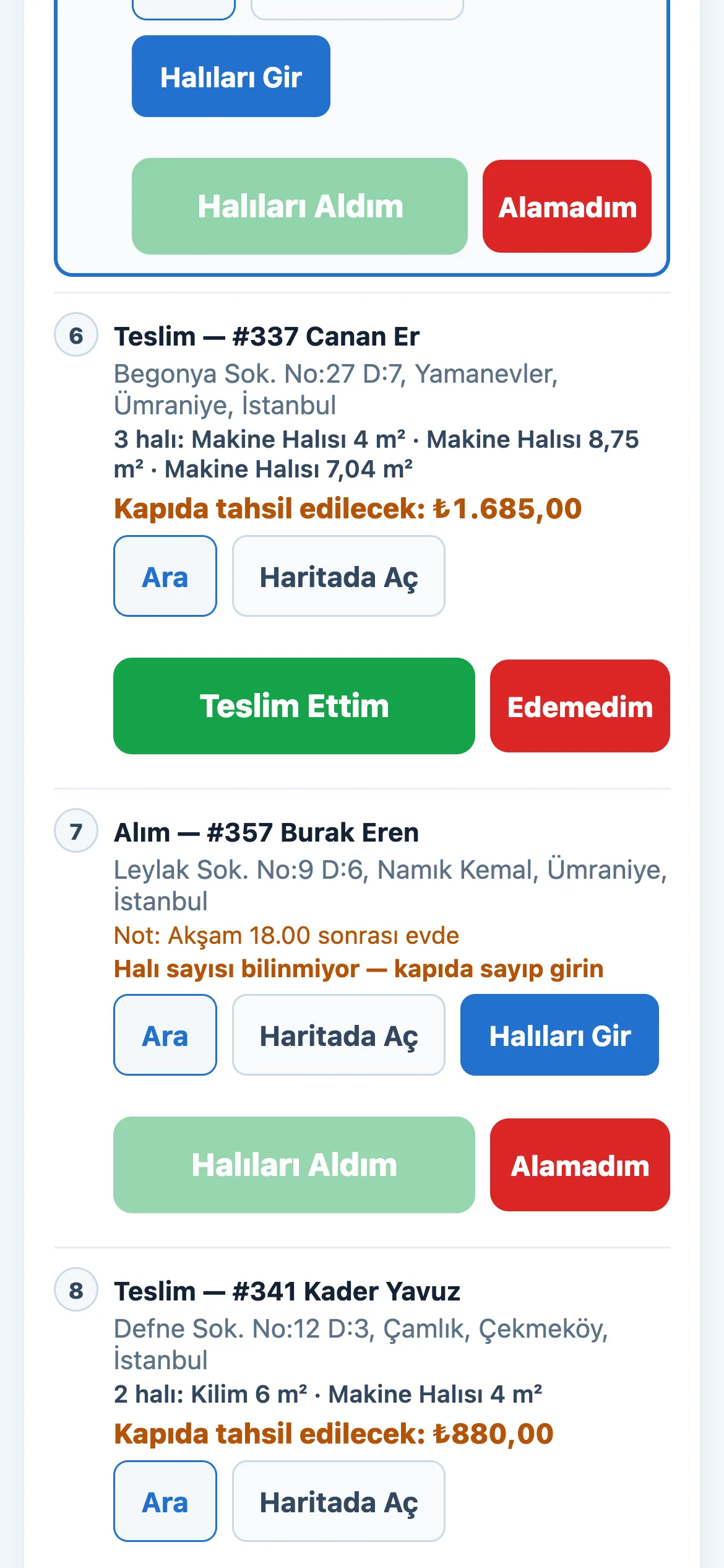 Şoförün bugünkü rotası: konumumdan sırala, sıradaki durak ve kapıda tahsil edilecek tutarlar